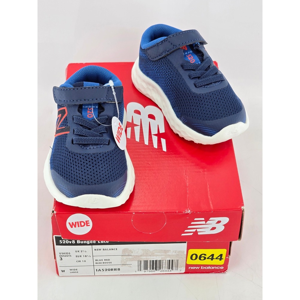 New Balance 520v8 Bungee Lace Kids 3 Wide Blue Red Sneakers - New